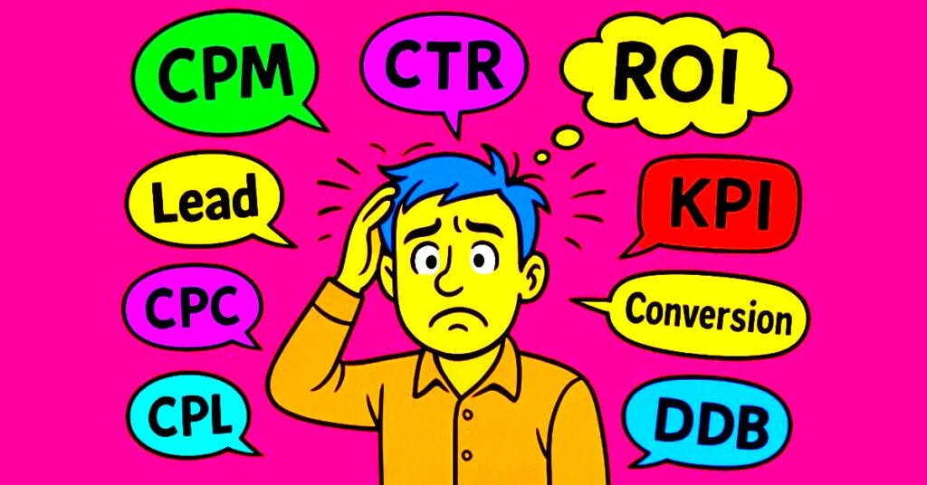 Cartoon illustration of a confused businessman surrounded by colorful marketing terms like CPA, CPL, ROI, and CTR on a vibrant purple background, symbolizing overwhelm with marketing jargon.