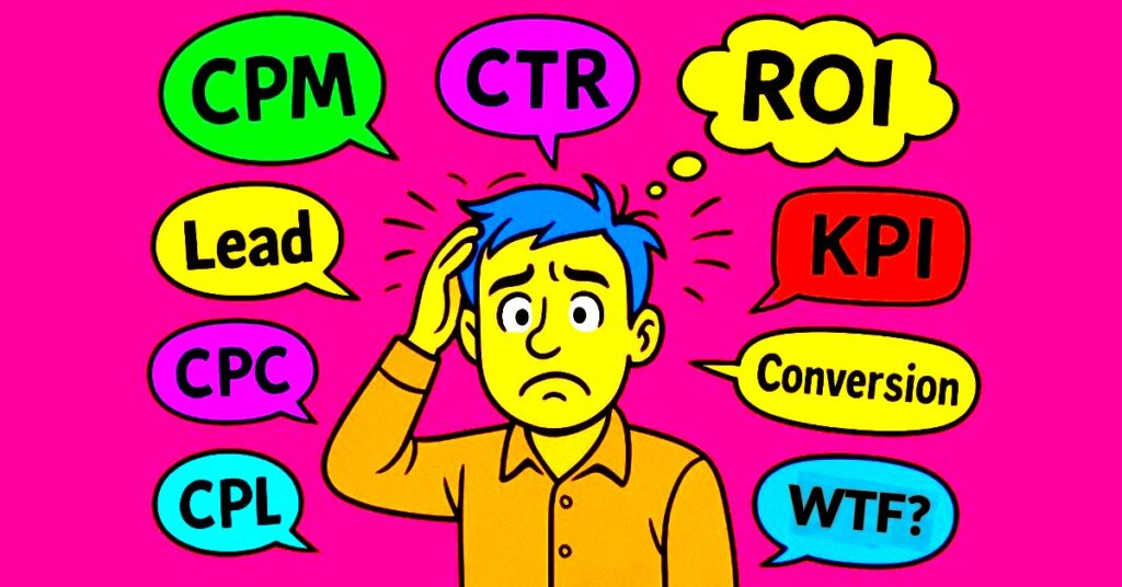 Cartoon illustration of a confused businessman surrounded by colorful marketing terms like CPA, CPL, ROI, and CTR on a vibrant purple background, symbolizing overwhelm with marketing jargon.