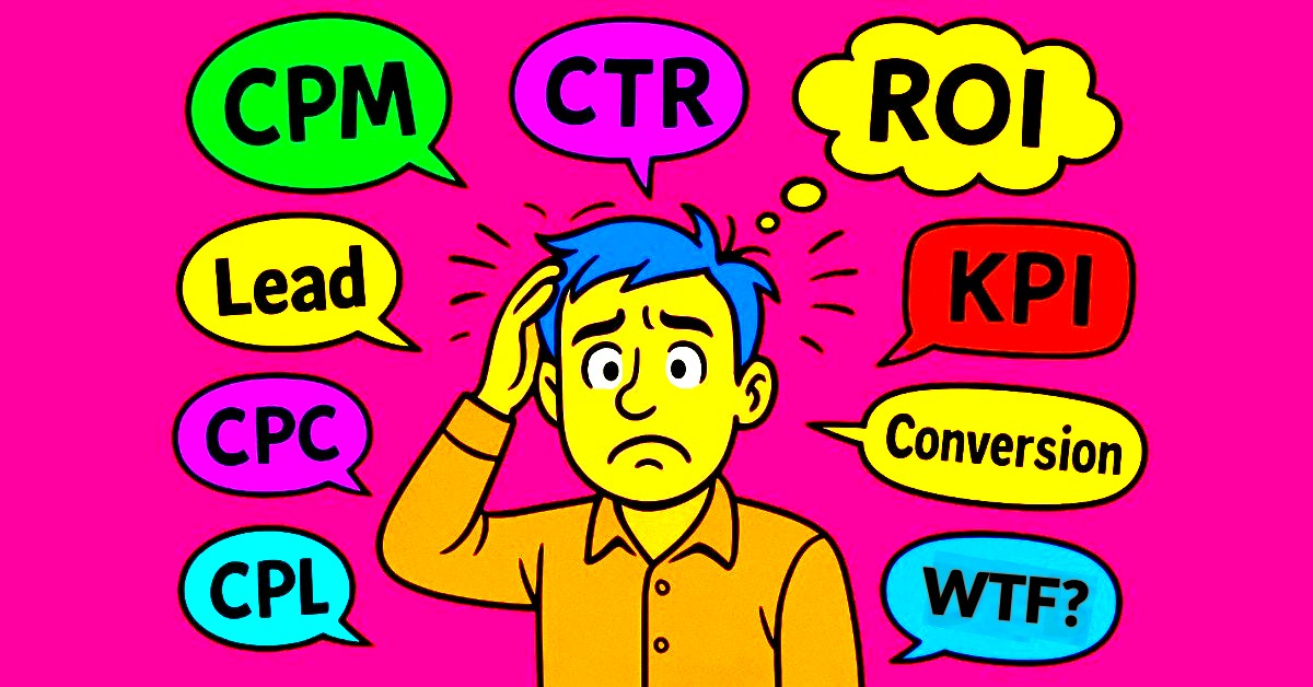 Cartoon illustration of a confused businessman surrounded by colorful marketing terms like CPA, CPL, ROI, and CTR on a vibrant purple background, symbolizing overwhelm with marketing jargon.